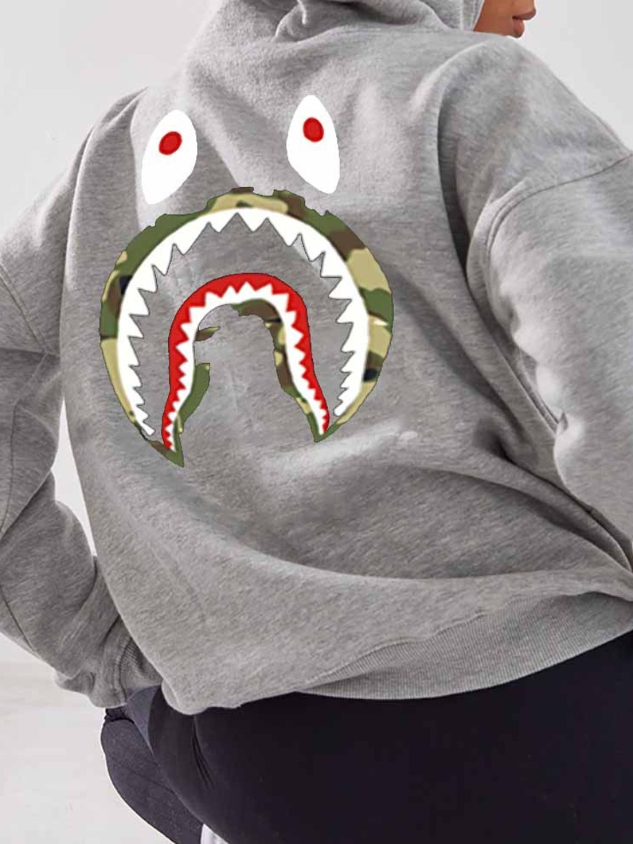 LW Plus Size Fish Mouth Print Kangaroo Pocket Hoodie