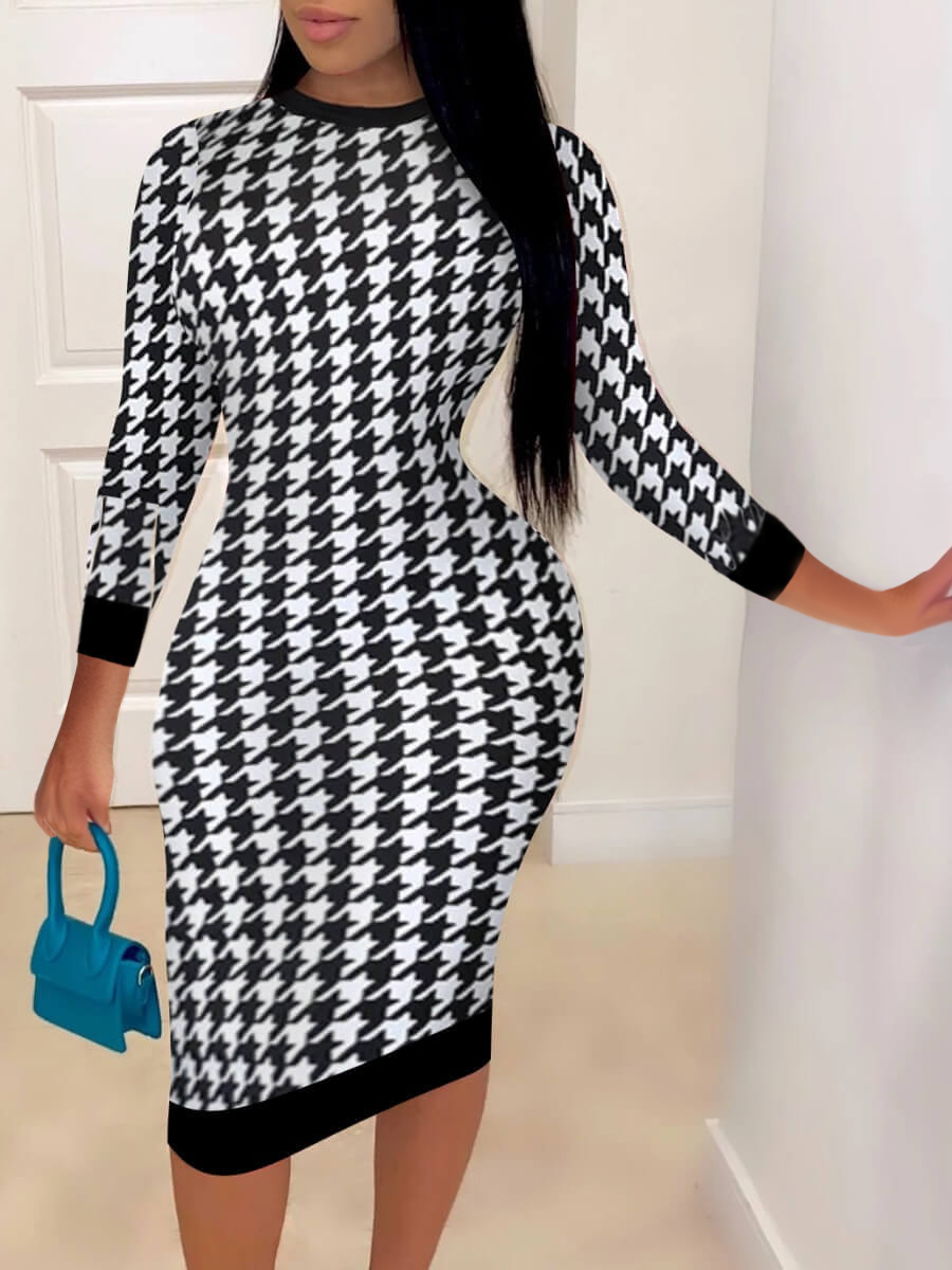 LW Round Neck Houndstooth Bodycon Dress