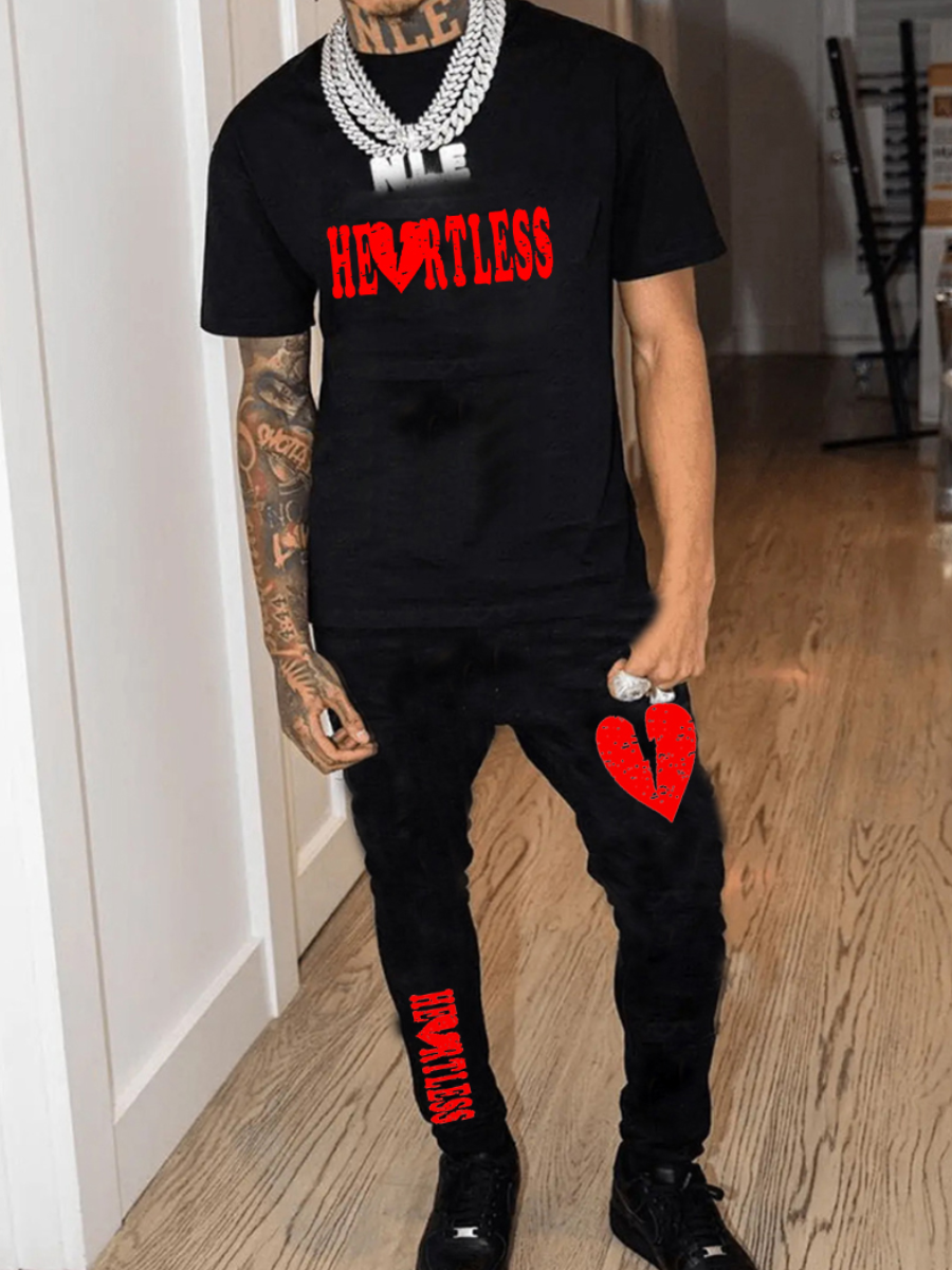 LW Men Broken Heart Letter 3D Print Pants Set
