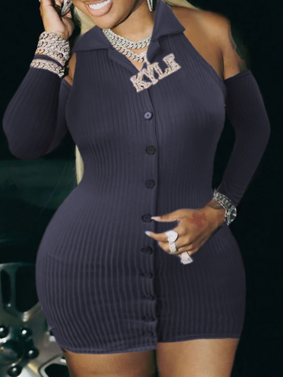 LW Plus Size Backless Rib Knit Button Design Bodycon Dress