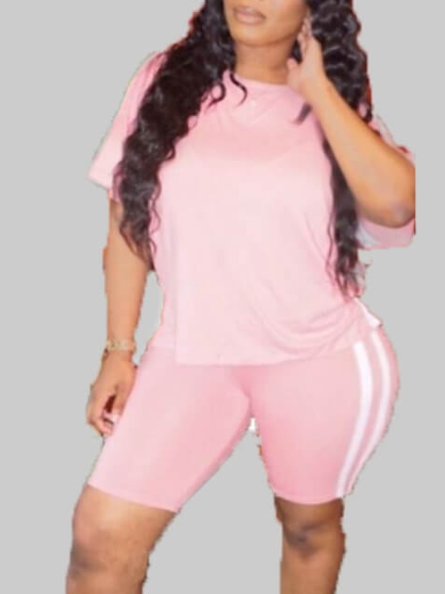 LW Plus Size Round Neck Striped Patchwork Pink Shorts Set