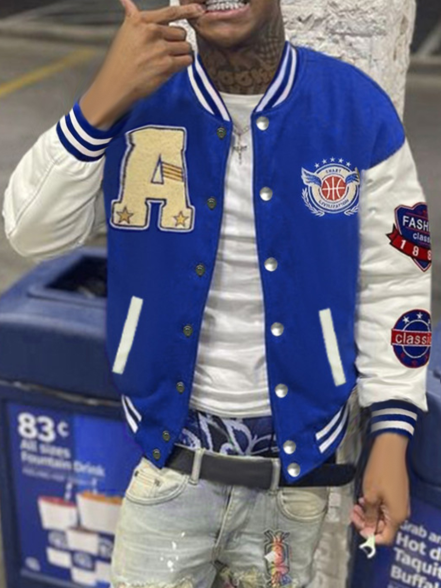 LW Men Letter Decor Patchwork Varsity Jacket