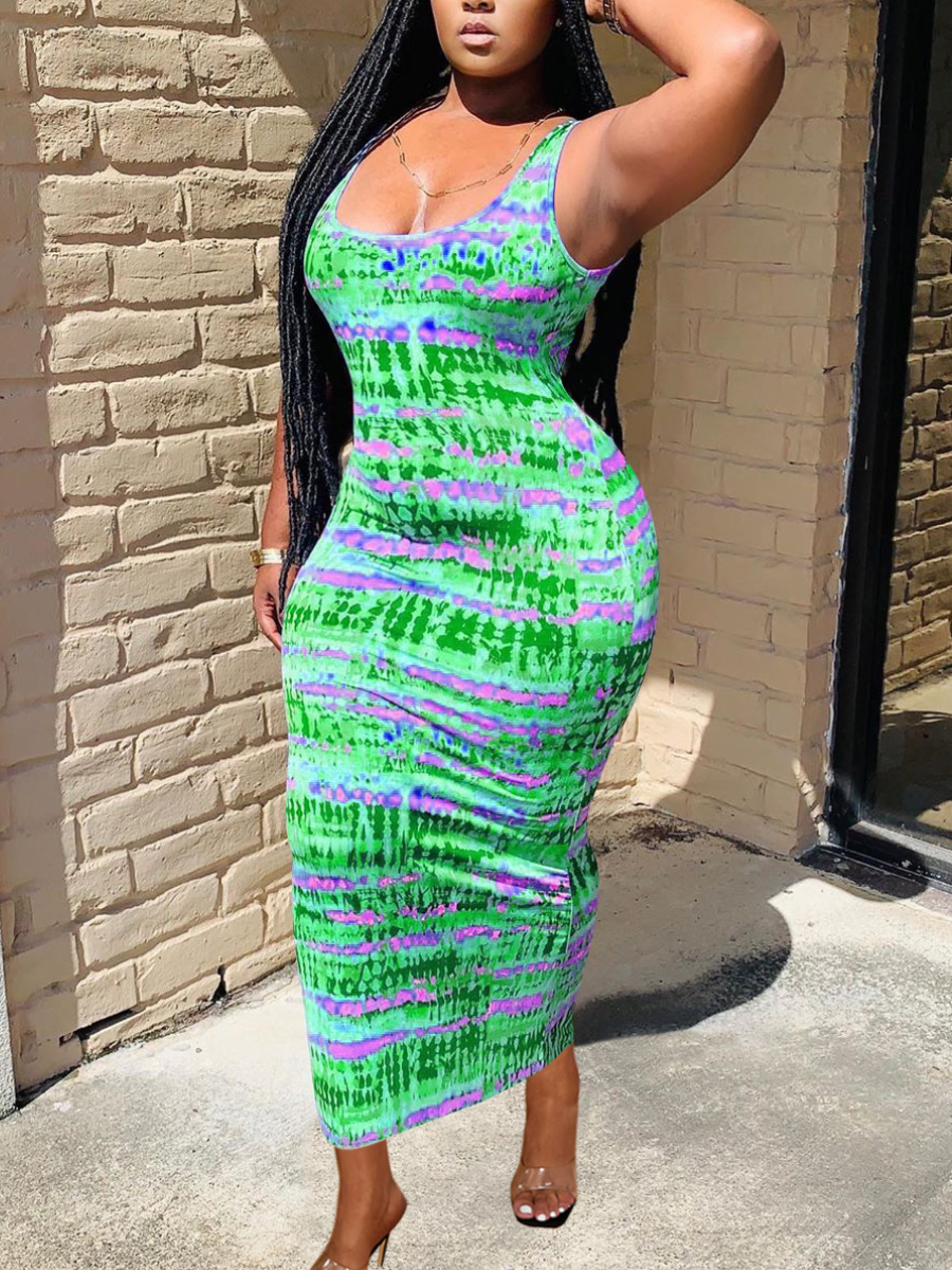 LW Bohemian Tie-dye Bandage Design Green Maxi Dress