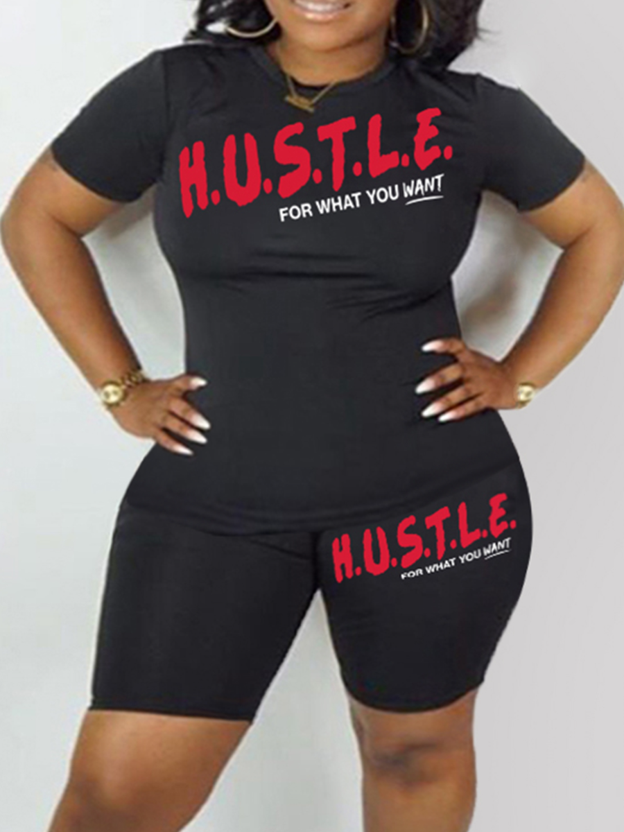 LovelyWholesale Plus Size Hustle Letter Print Shorts Set Summer Short Sleeve Casual Round Neck  4X Spring Summer 2024