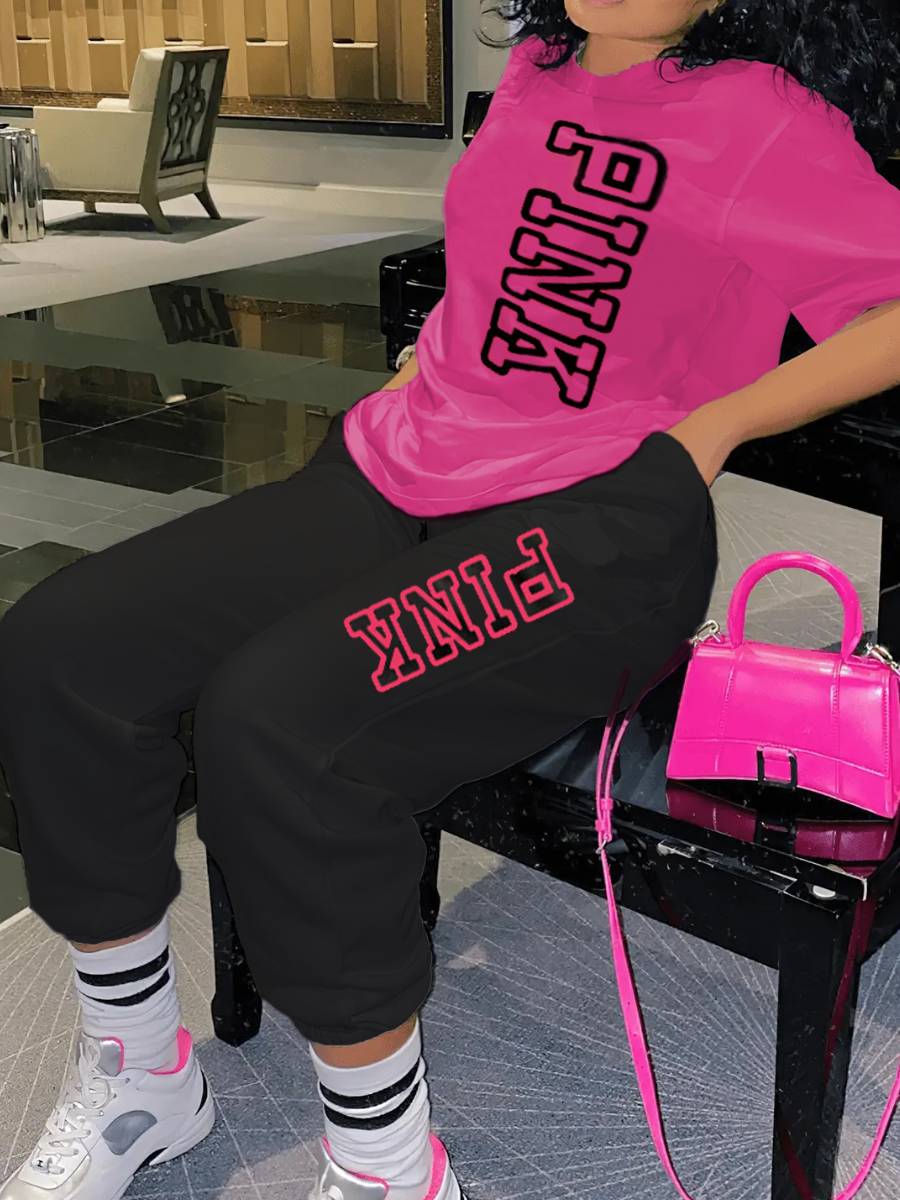 LW Pink Letter Print Drawstring Pants Set