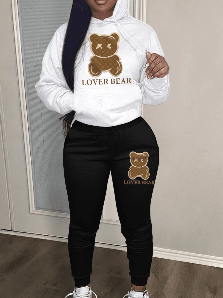 LW Lovely Bear Letter Print Kangaroo Pocket Tracksuit Set