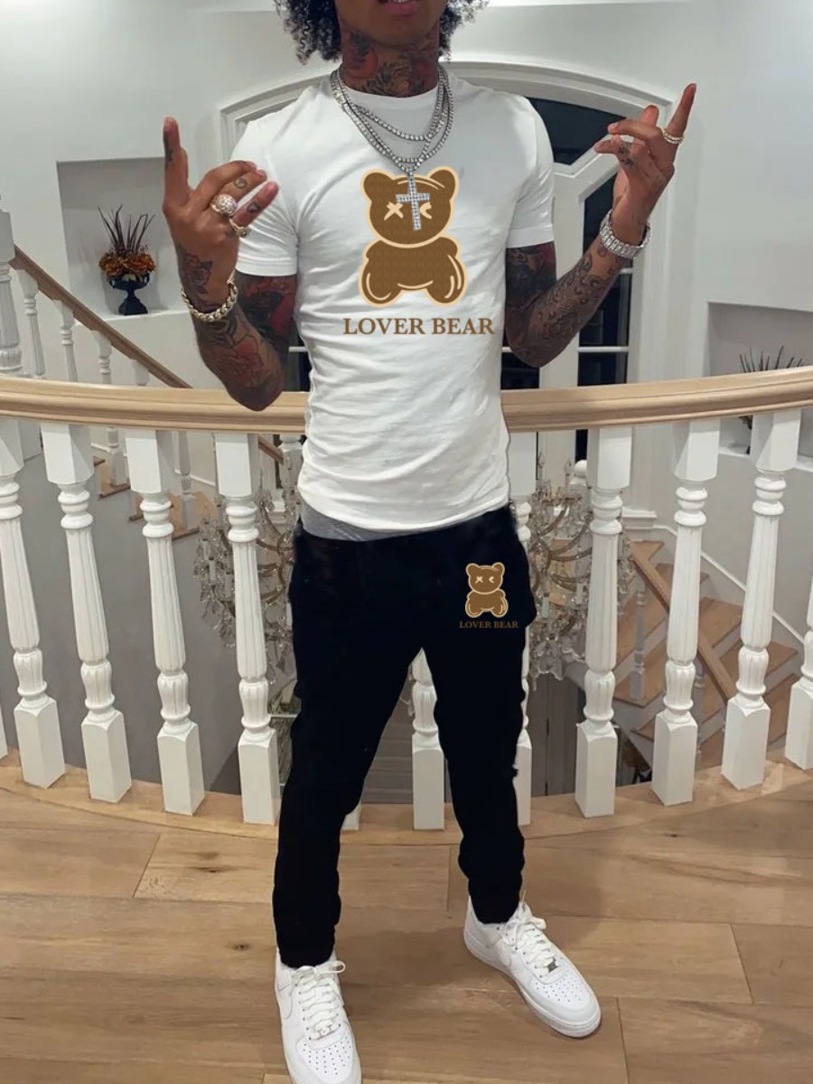 LW Men Bear Cartoon Letter Print Pants Set