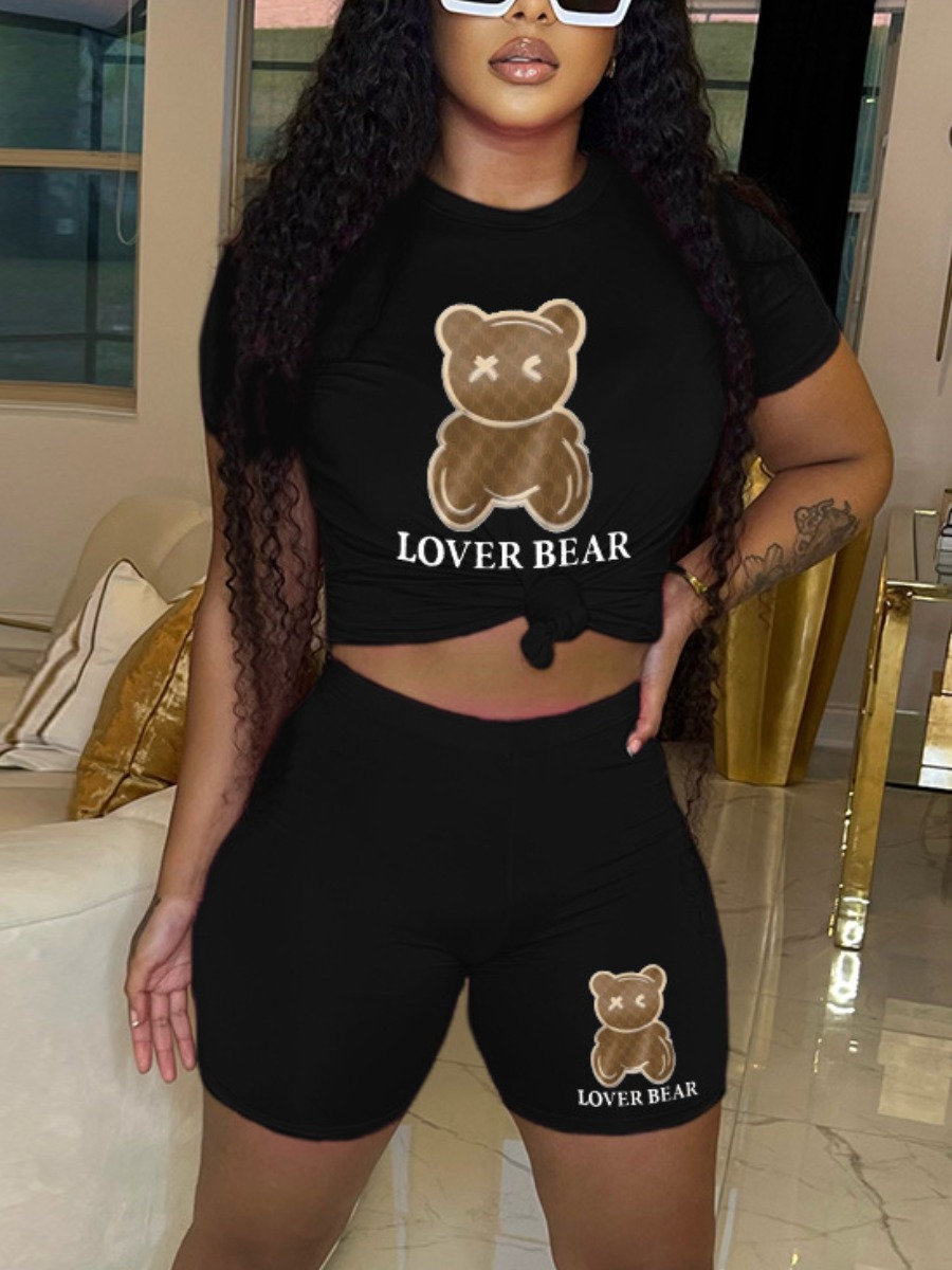 LovelyWholesale Lover Bear Letter Print Shorts Set Summer Short Sleeve Stylish Print Round Neck Spring Summer 2024