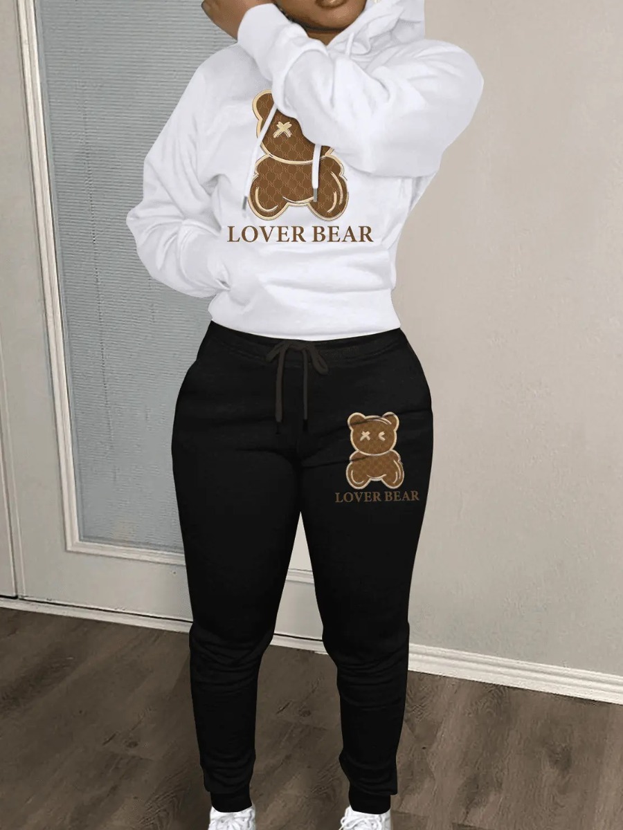 LW Lovely Bear Letter Print Kangaroo Pocket Tracksuit Set