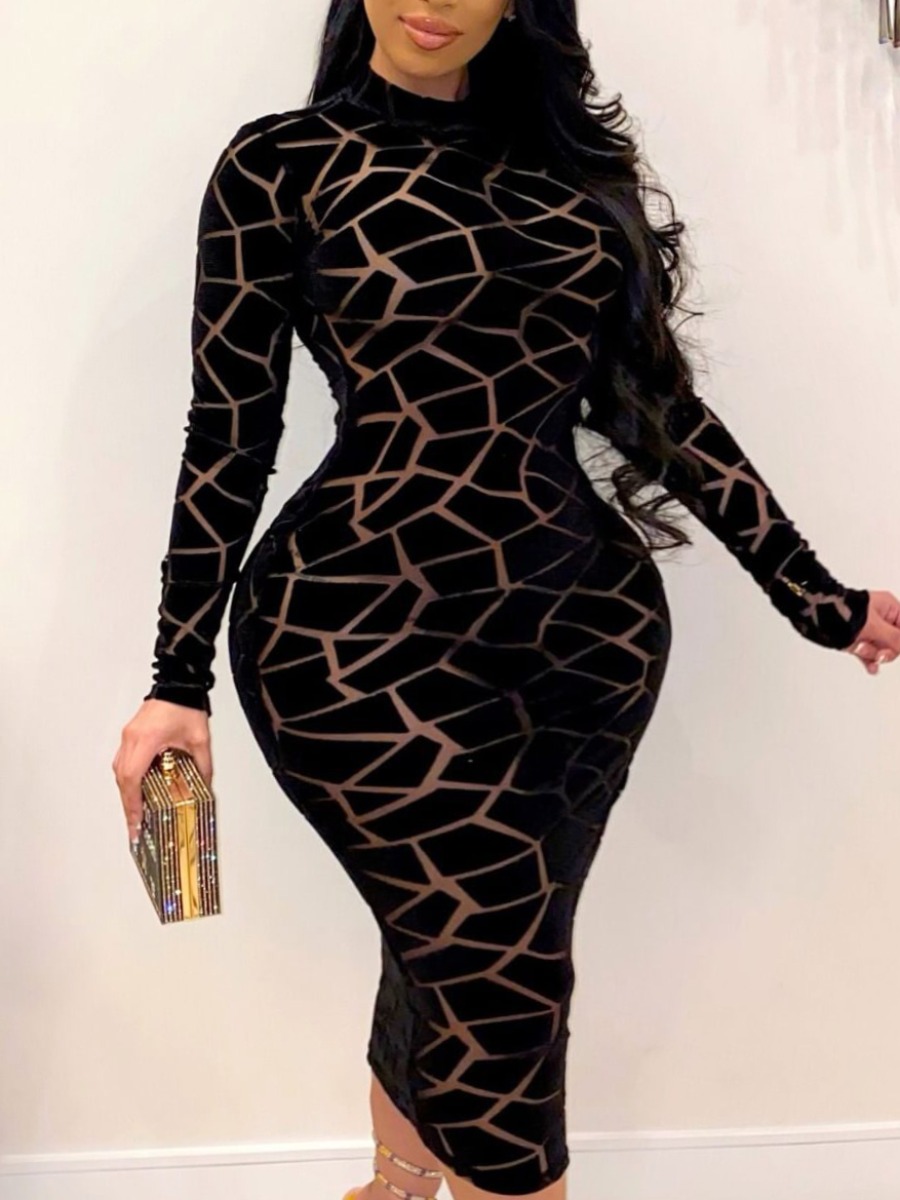 LovelyWholesale SXY Plus Size Turtleneck Geometric Print Bodycon Dress Fall Long Sleeve Sxy Turtleneck  5X Spring Summer 2024