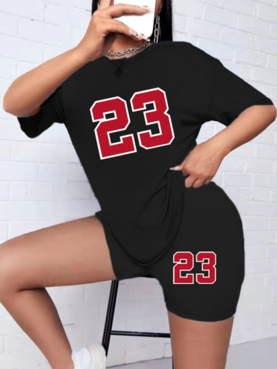 LW Round Neck Letter Print Shorts Set