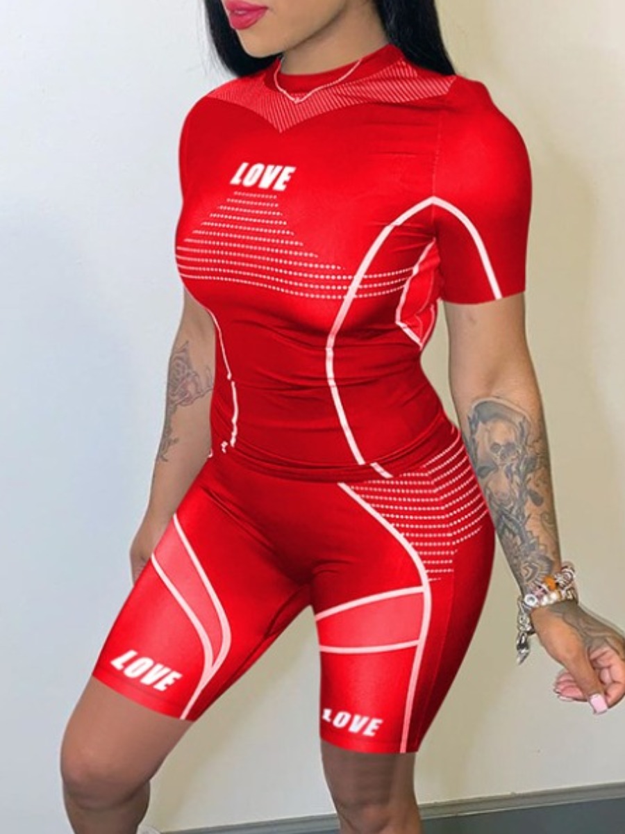 LW Sportswear Print Red Two Piece Shorts Set