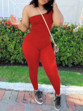 LW BASICS Sporty One Shoulder Skinny Red One-piece Jumpsuit