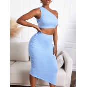LW COTTON Casual One Shoulder Fold Design Baby Blu
