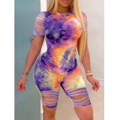 LW Plus Size Casual O Neck Tie Dye Broken Holes Pu