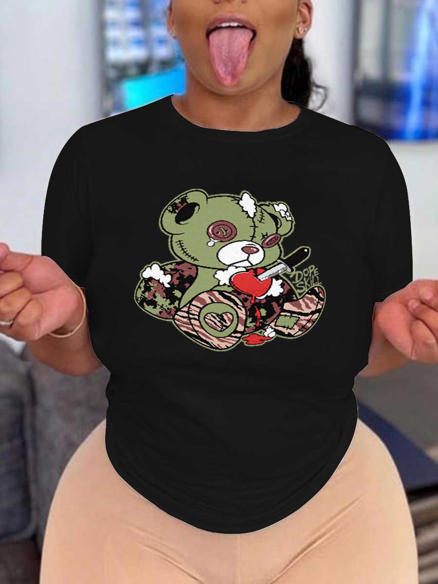 LovelyWholesale Plus Size Round Neck Cartoon Print T-shirt Summer Short Sleeve Casual Round Neck  5X Spring Summer 2024