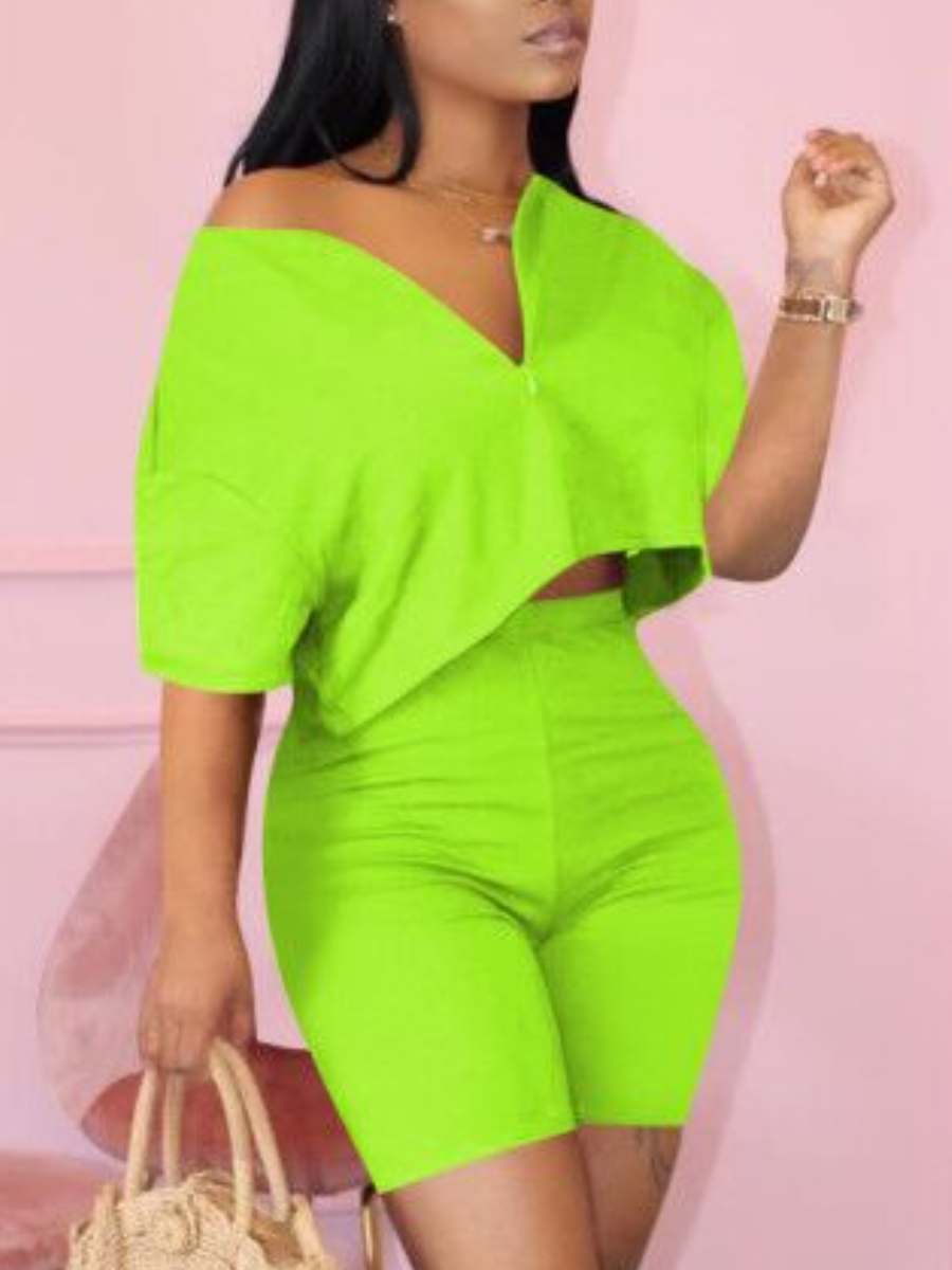 LovelyWholesale Casual V Neck Elastic Green Two Piece Shorts Set Summer Short Sleeve Casual Basic V Neck Spring Summer 2024