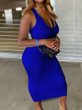LW SXY Casual U Neck Skinny Blue Ankle Length Dress