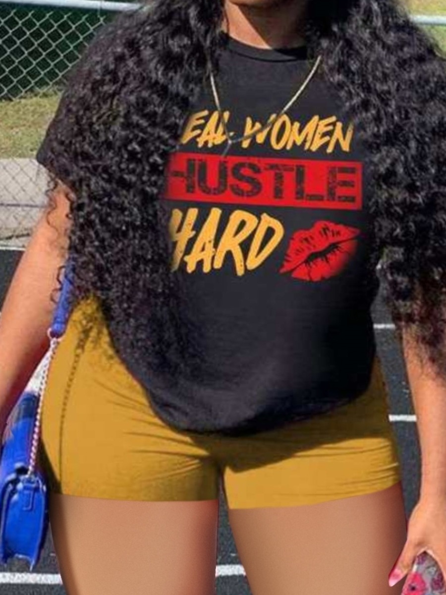 LW Plus Size Hustle Hard Lip Letter Print Shorts Set