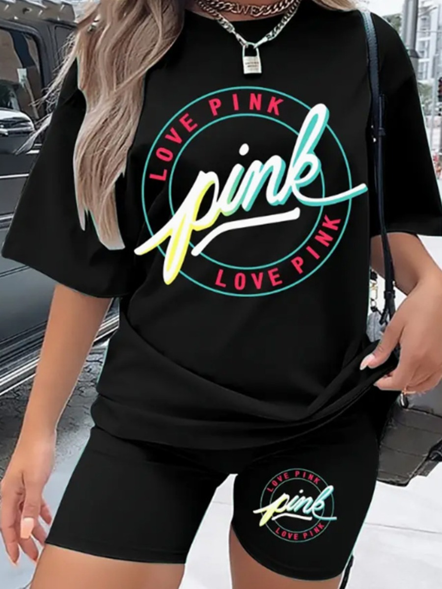 LW Plus Size Love Pink Letter Print Shorts Set