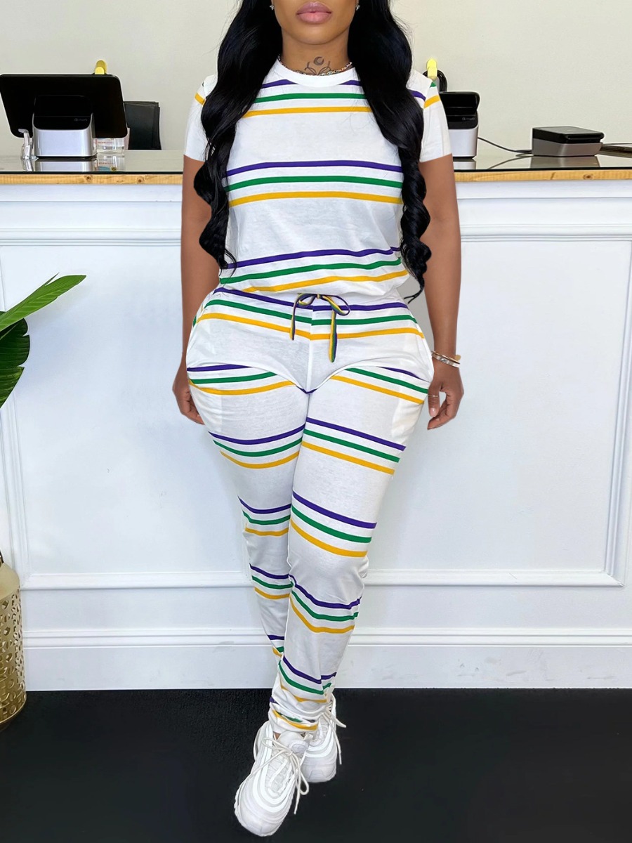 LW Striped Pocket Design Drawstring Pants Set