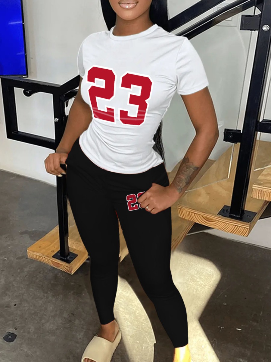 LovelyWholesale Number 23 Print Skinny Pants Set Spring Short Sleeve Casual Round Neck Spring Summer 2024