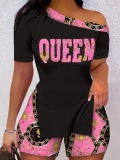 LW Plus Size One Shoulder Queen Letter Print Shorts Set