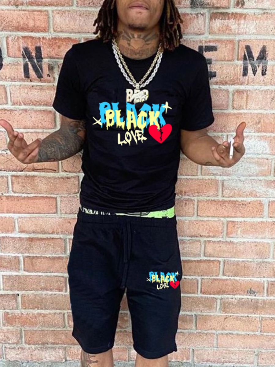 LovelyWholesale Men Broken Heart Black Love Letter Print Shorts Set Summer Short Sleeve Casual Letter Print Round Neck Spring Summer 2024