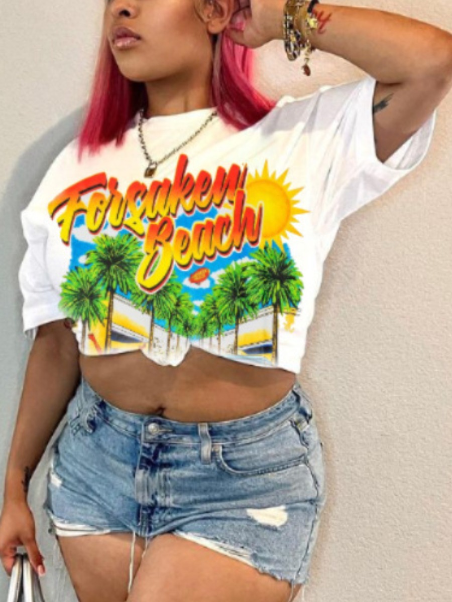 LovelyWholesale Palm Tree Gradient Letter Print T-shirt Summer Short Sleeve Street Round Neck Spring Summer 2024