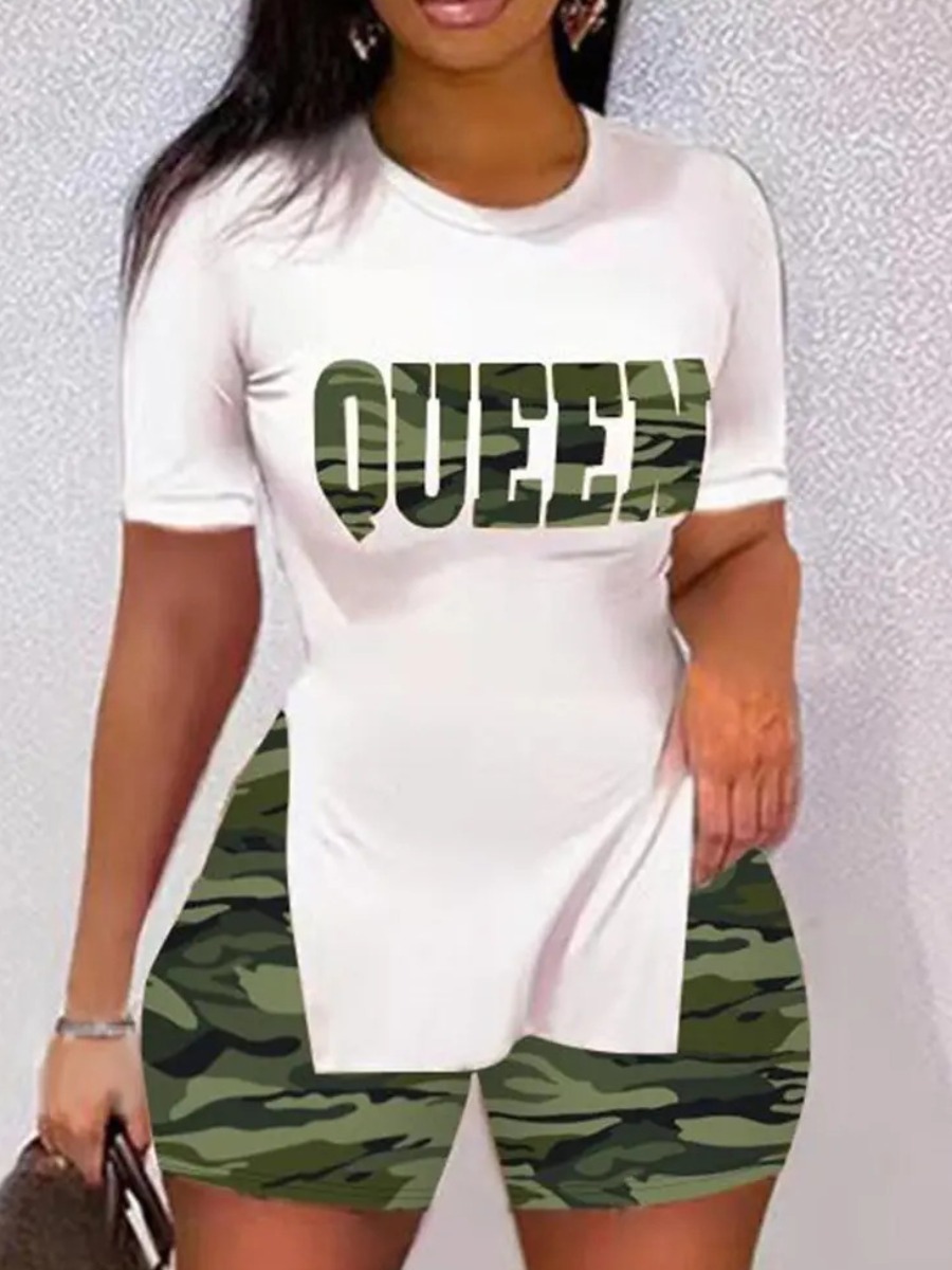 LovelyWholesale Plus Size Queen Camo Print Side Split Shorts Set Summer Short Sleeve Casual Split Round Neck  3X Spring Summer 2024