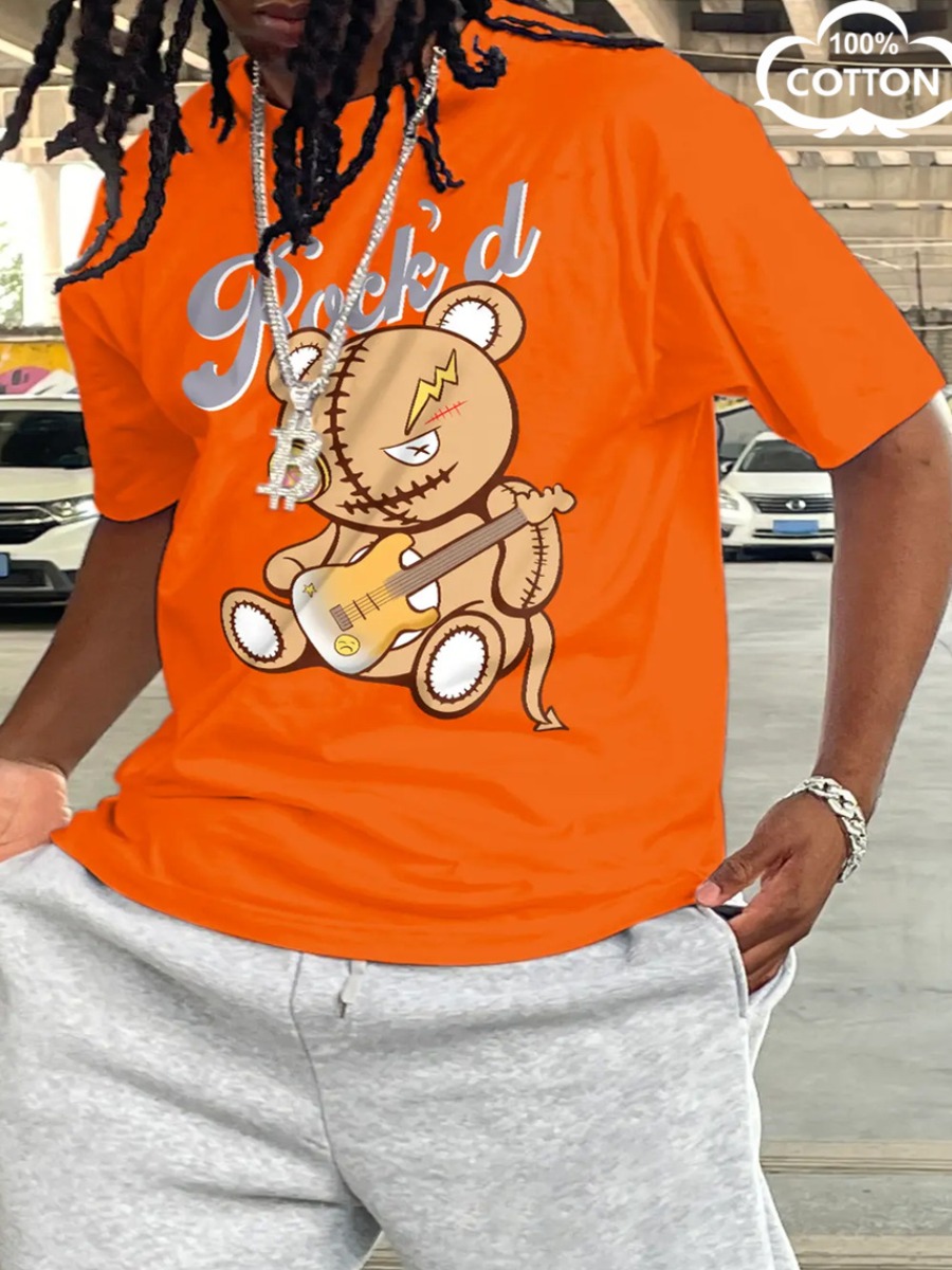 LW COTTON Men Bear Cartoon Letter Print T-shirt