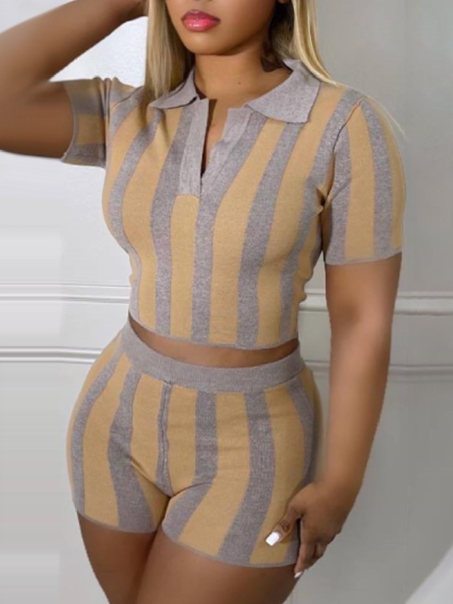 LovelyWholesale Striped Backless Rib Knit Shorts Set Summer Short Sleeve Stylish Shirt collar Spring Summer 2024