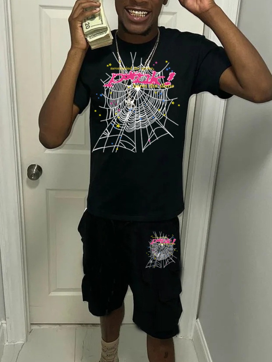 LW Men Spider Web Letter Print Drawstring Shorts S