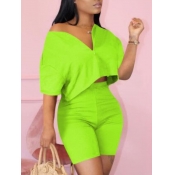 LW Casual V Neck Elastic Green Two Piece Shorts Se