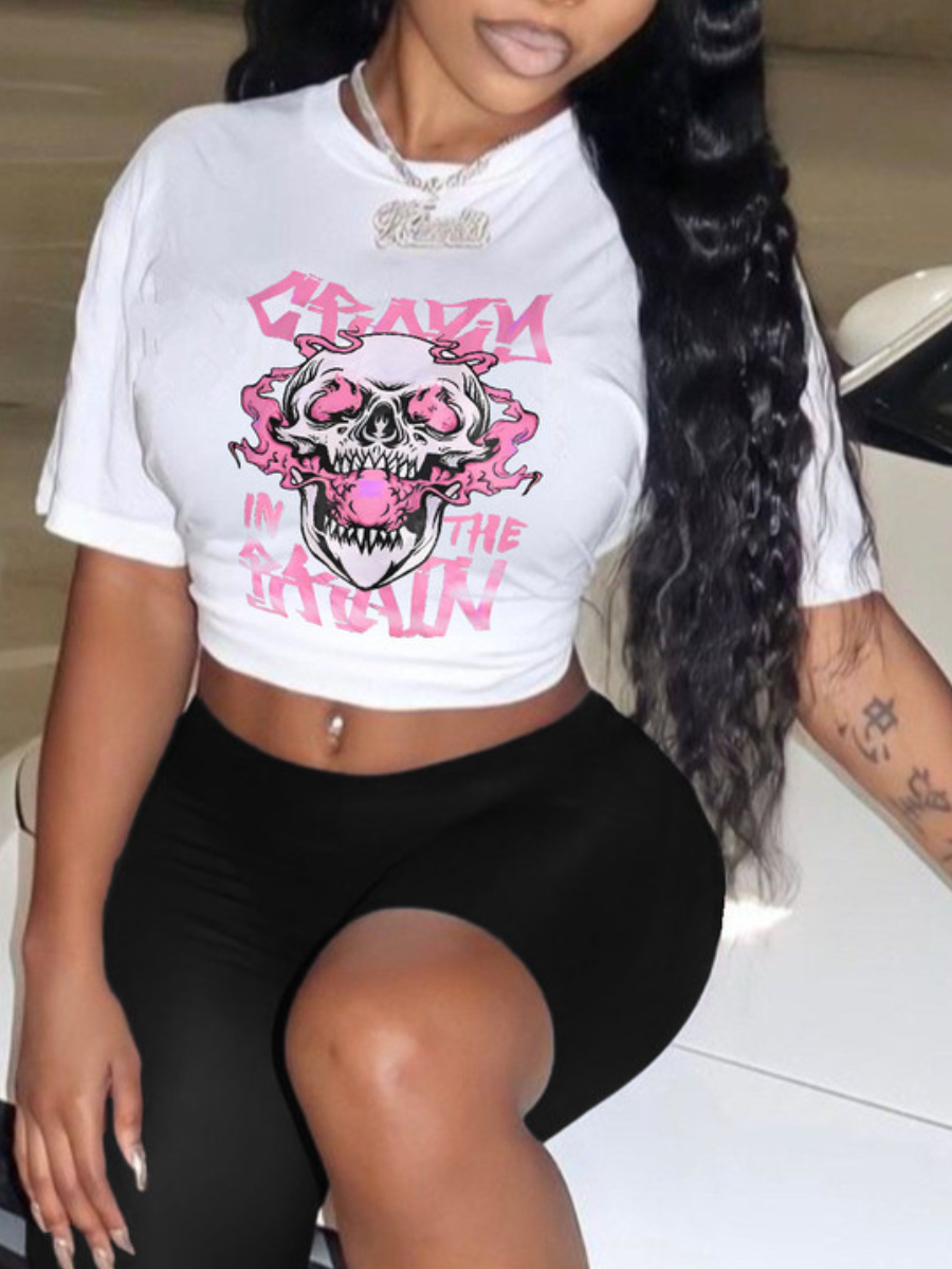 LovelyWholesale Skull Head Letter Print Shorts Set Summer Short Sleeve Daily Round Neck Spring Summer 2024