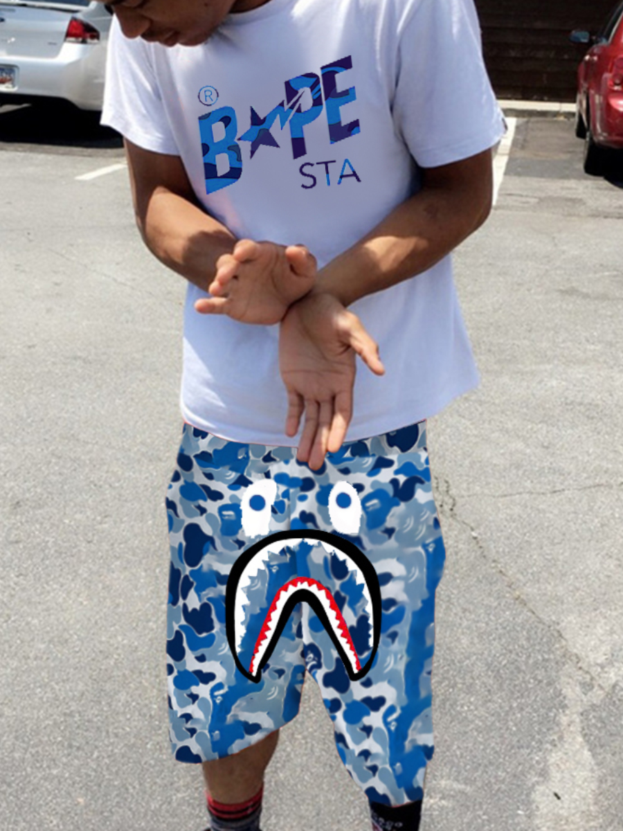 LW Men Fish Mouth Camo Letter Print Shorts Set