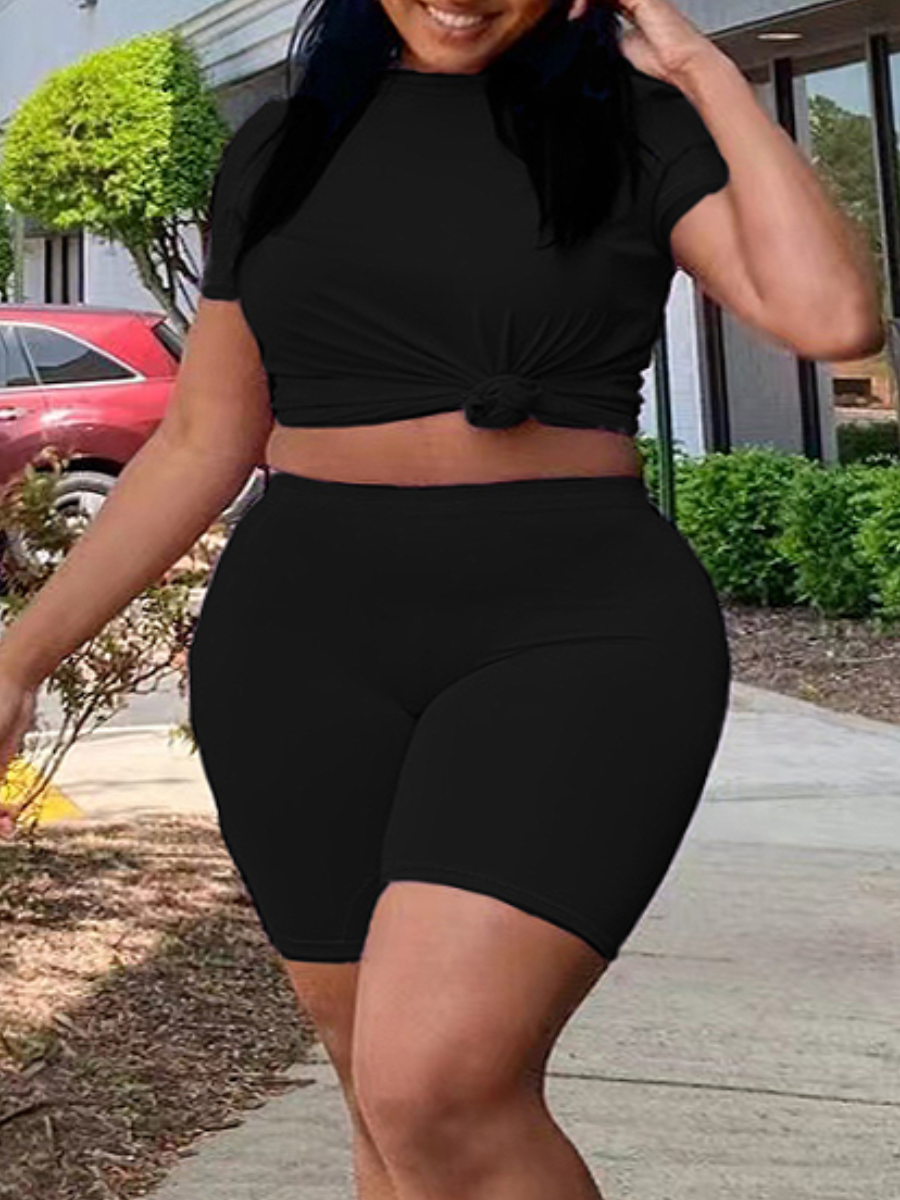 LW BASICS Plus Size Round Neck Skinny Stretchy Shorts Set