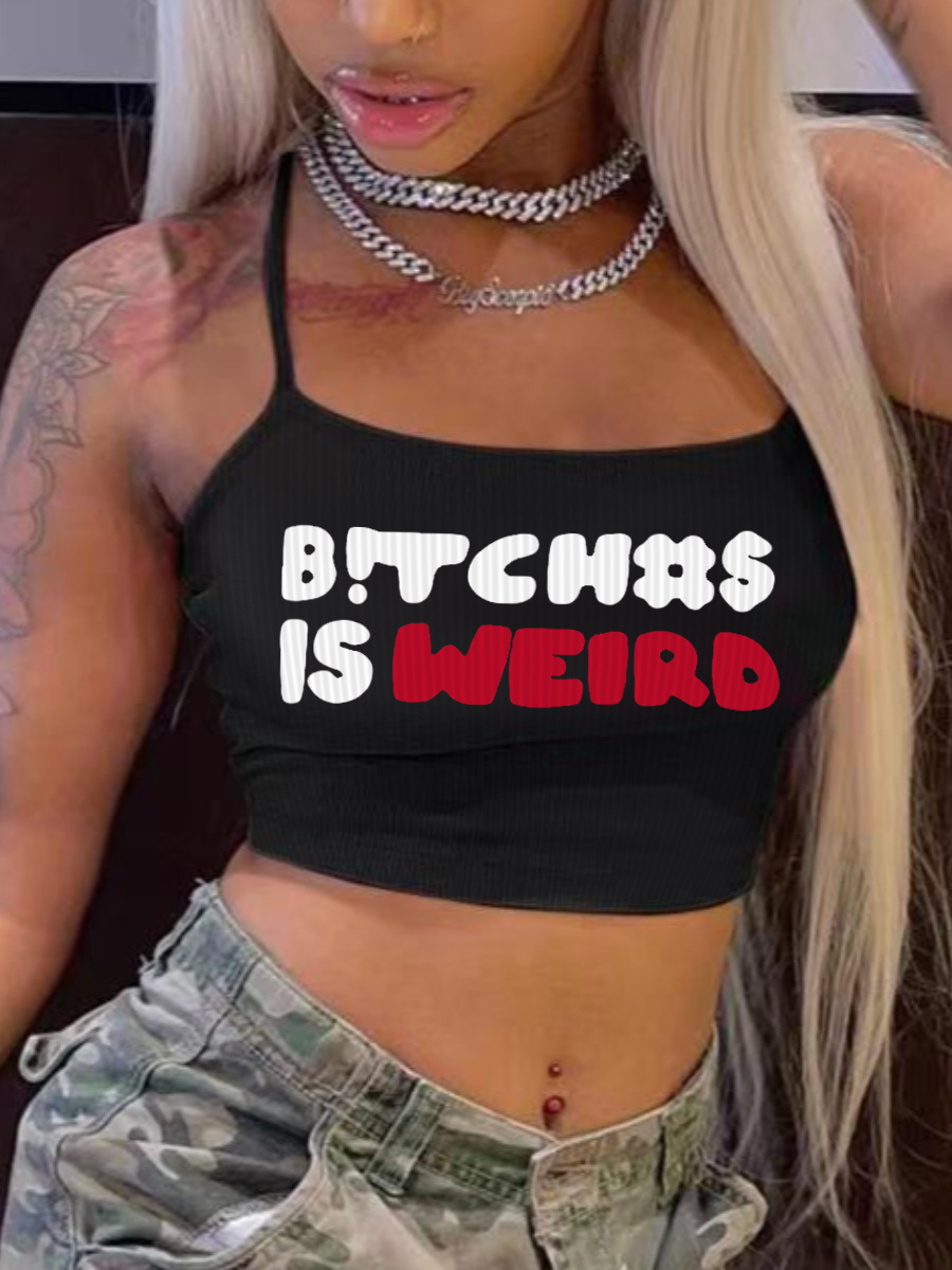 LovelyWholesale Letter Print Rib Knit Camisole Summer Sleeveless Street U Neck Spring Summer 2024