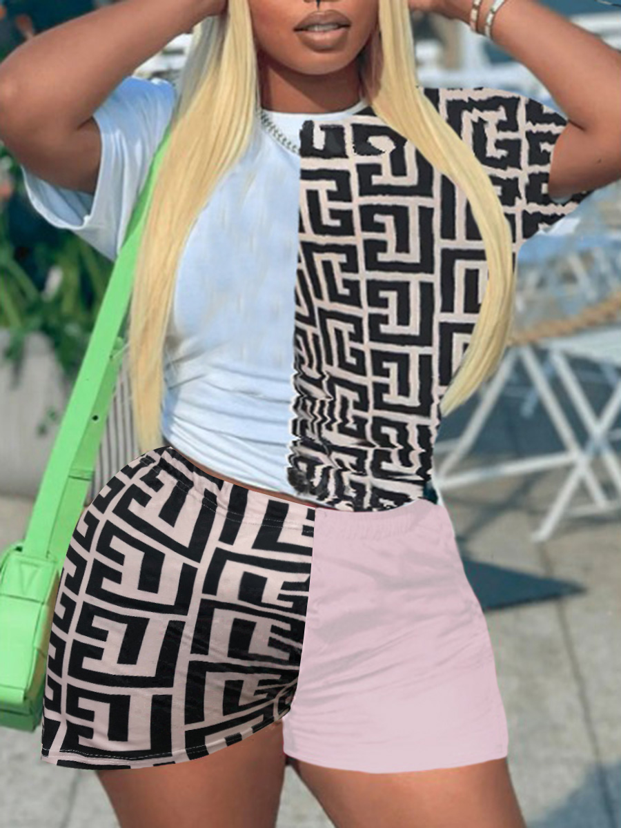 LW Plus Size Geometric Print Patchwork Shorts Set