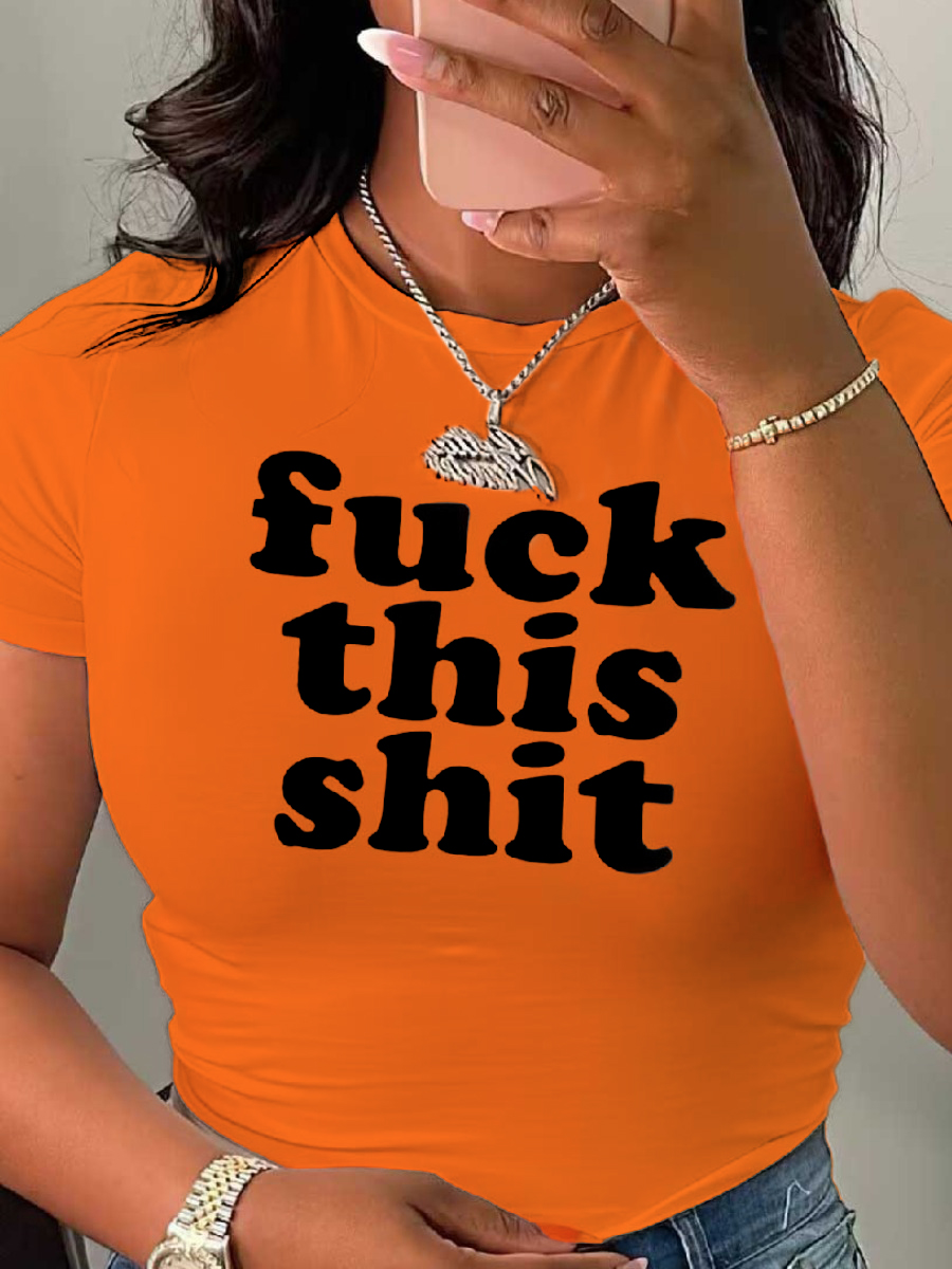 LovelyWholesale Plus Size Letter Print Skinny T-shirt Summer Short Sleeve Casual Round Neck  5X Spring Summer 2024