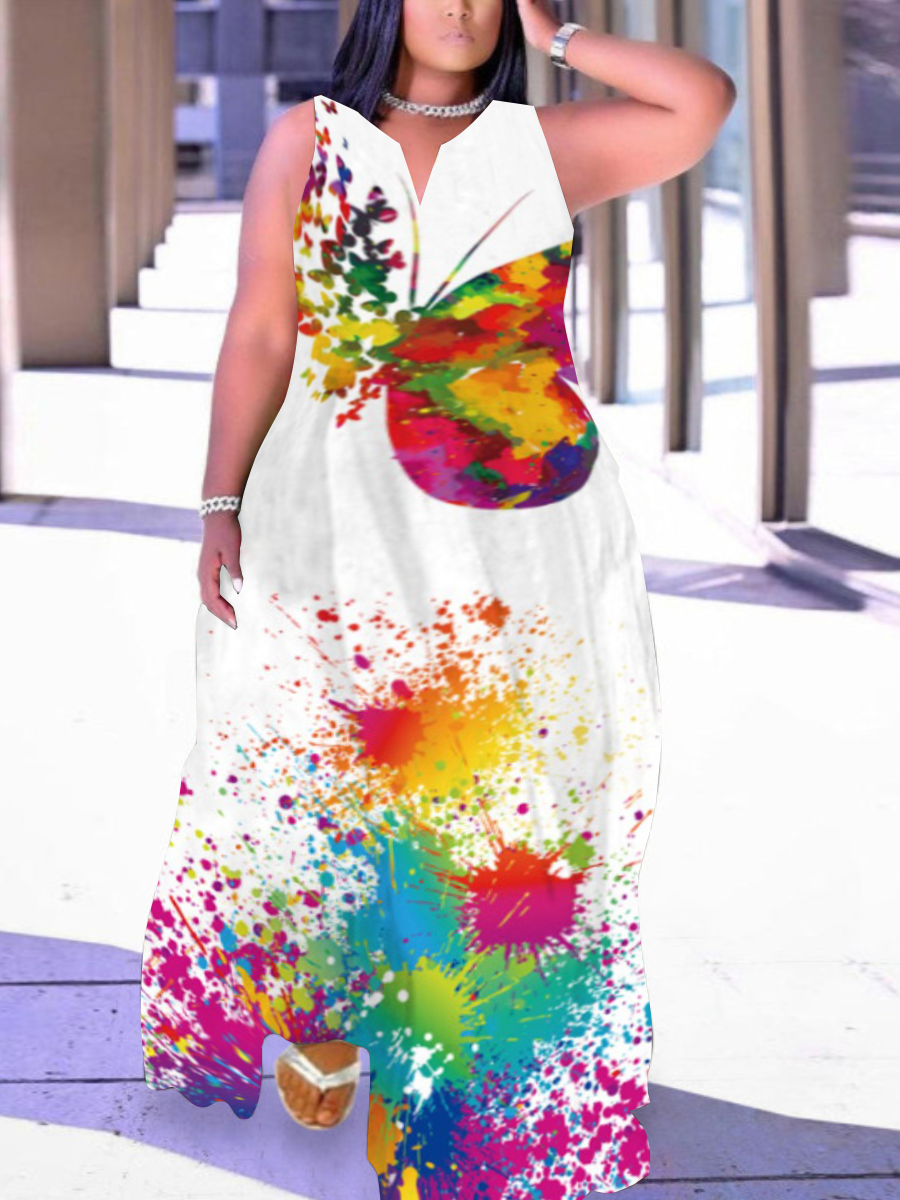 Lw Plus Size Splash Ink Butterfly Print Pocket Design Dress Sale