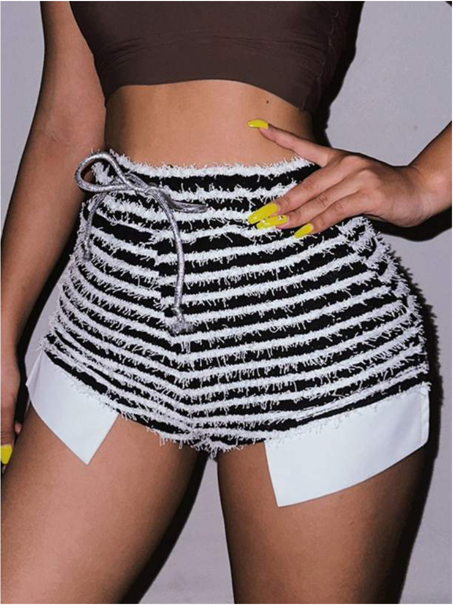 LW Striped Raw Edge Drawstring Shorts