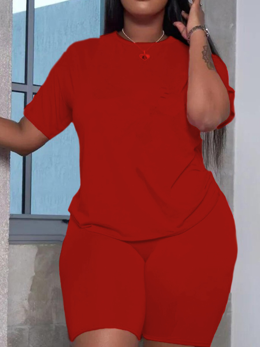 LW BASICS Plus Size Round Neck Regular Fit Shorts Set
