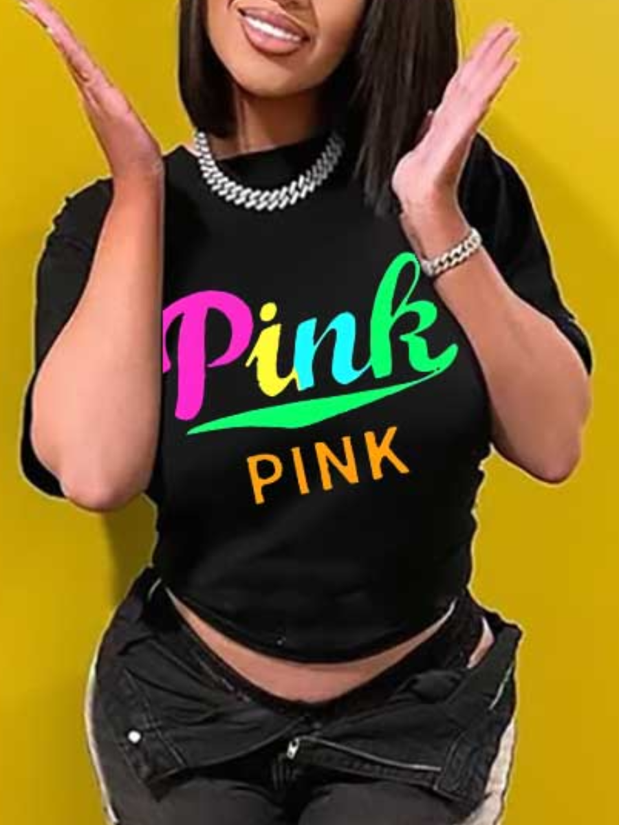 LovelyWholesale Pink Letter Print T-shirt Summer Short Sleeve Casual Pattern Round Neck Spring Summer 2024
