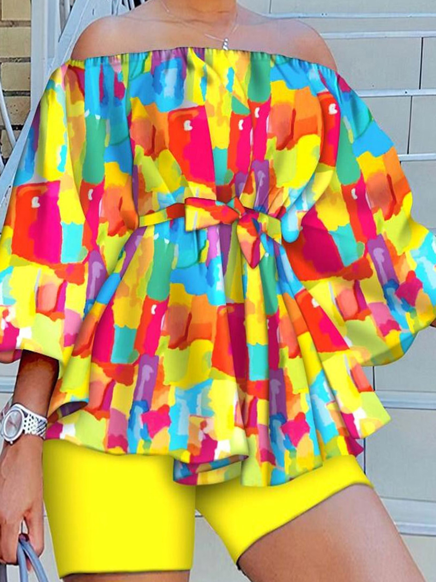 LW Plus Size Off The Shoulder Tie Dye Bandage Design Shorts Set