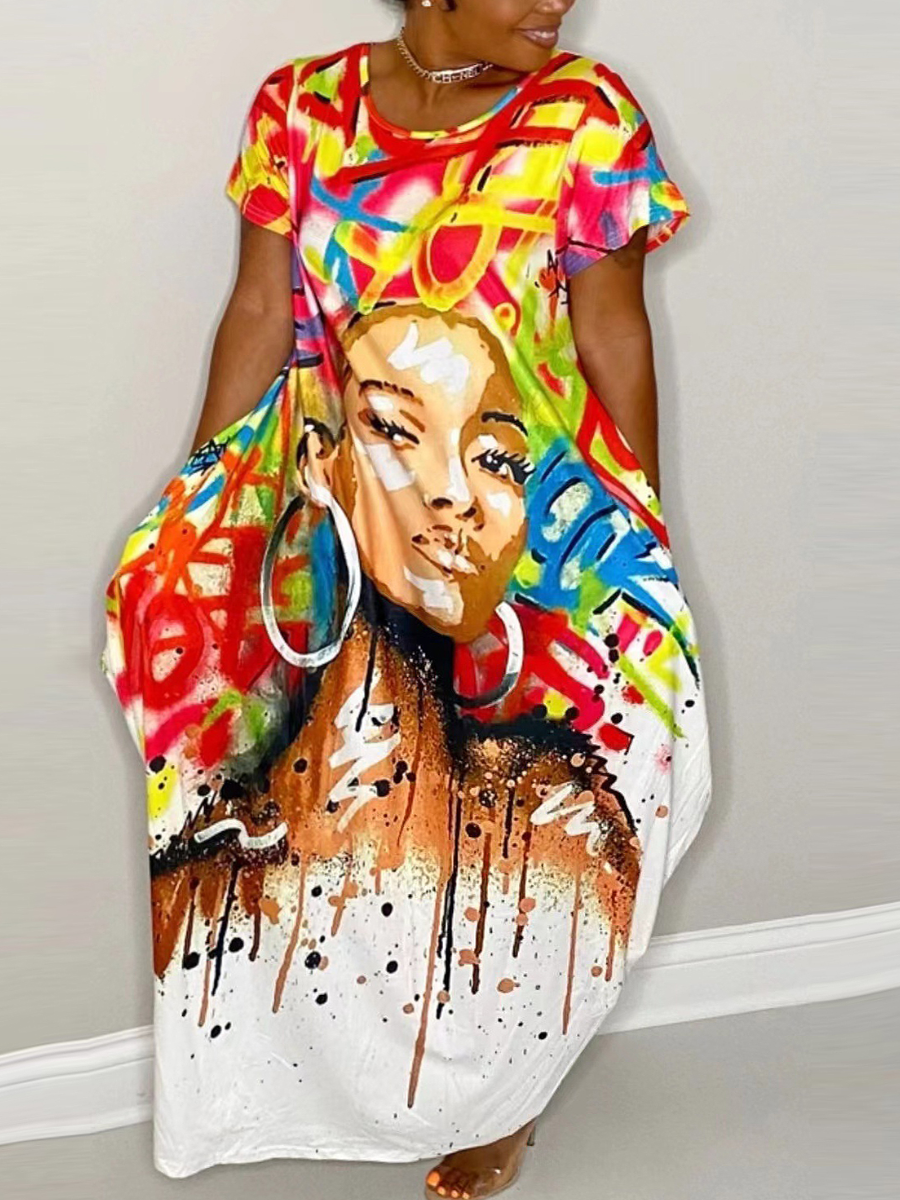 LW Plus Size Graffiti Figure Print Pocket Design Dress