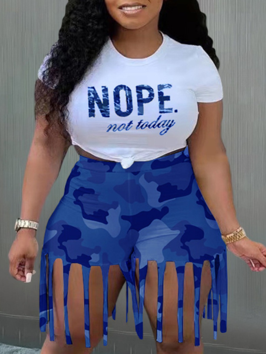 LW Plus Size Camo Letter Print Tassel Design Shorts Set