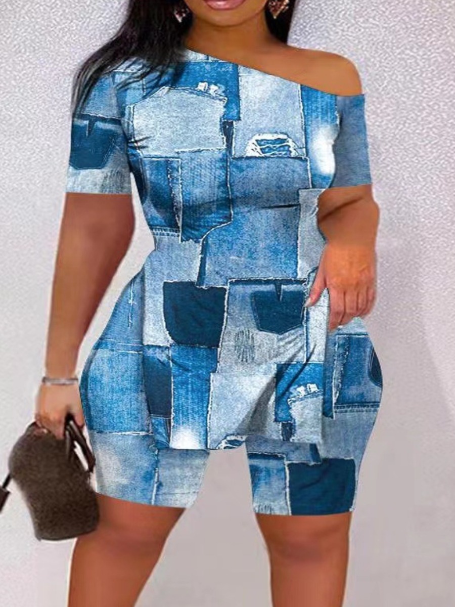 LW Plus Size One Shoulder Mixed Print Side Split Shorts Set