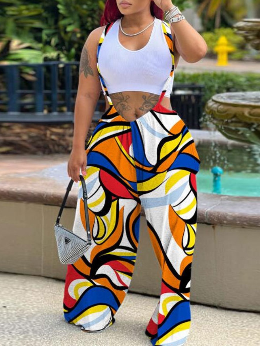 LovelyWholesale Plus Size Mixed Print Wide Leg Overall Jumpsuit Spring|Summer Sleeveless Casual Drawstring  3X Spring Summer 2024