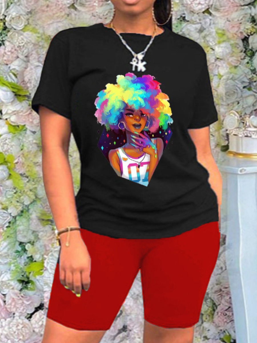 LW Round Neck Afro Figure Print Shorts Set